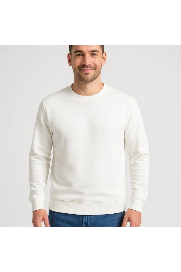 Erkek Üç İplik Düz Bisiklet Yaka SweatShirt - Beyaz