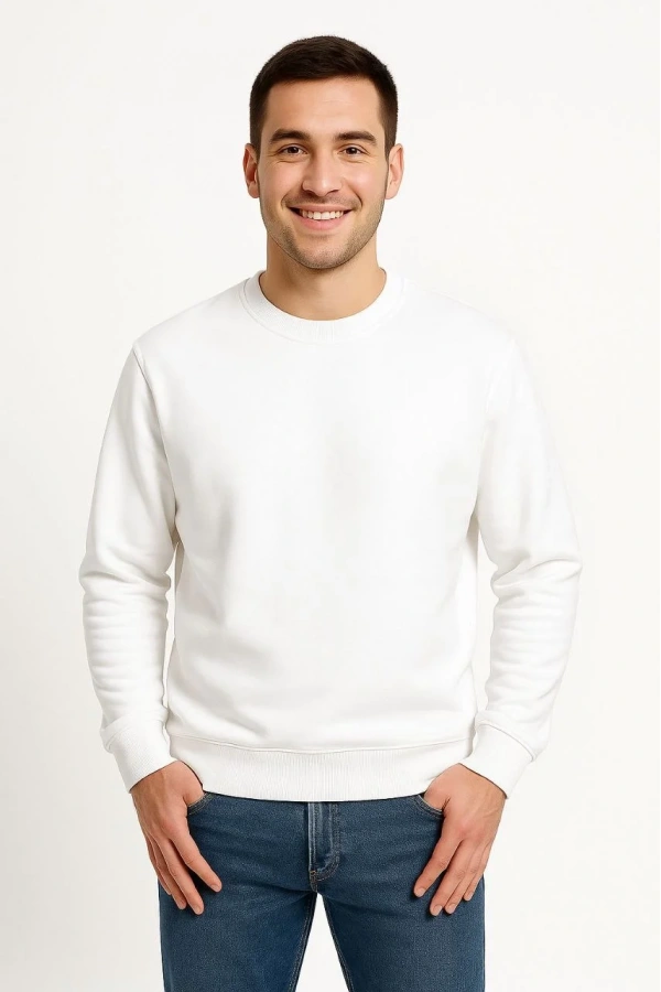 Erkek Üç İplik Düz Bisiklet Yaka SweatShirt - Beyaz