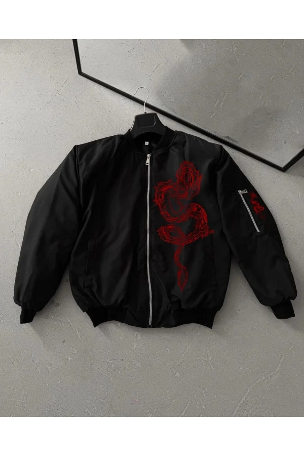 Erkek Unisex Siyah Bomber Mont – Kırmızı Ejderha Desenli, Fermuarlı Cepli, Kapitone Astarlı Günlük ve Sokak Modası Ceket - Siyah