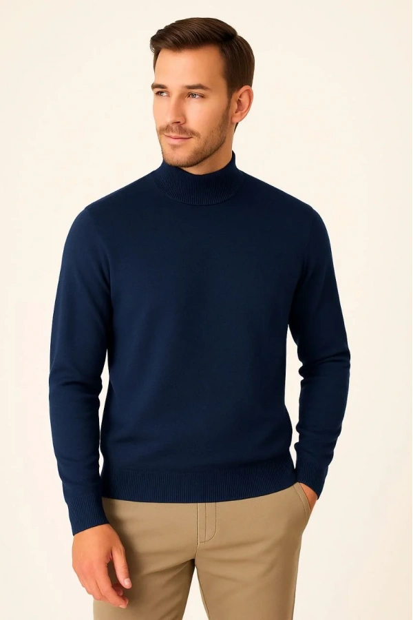 Erkek Yarım Boğaz Triko Kazak yumuşak dokulu Pamuklu ince Dokuma, uzun kollu Rahat Regular kalıp - Lacivert