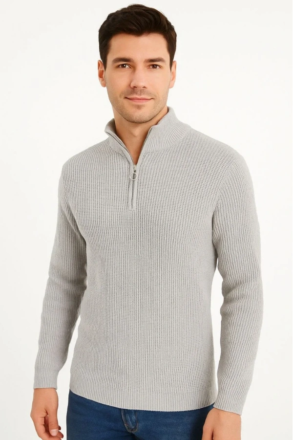 Erkek Yarım Fermuarlı Triko Kazak – Selanik Örgü, Dik Yaka, Pamuklu Dokuma, Regular Fit Uzun Kollu Kışlık Model - Gri