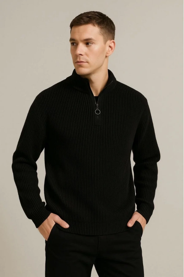 Erkek Yarım Fermuarlı Triko Kazak – Selanik Örgü, Dik Yaka, Pamuklu Dokuma, Regular Fit Uzun Kollu Kışlık Model - Siyah