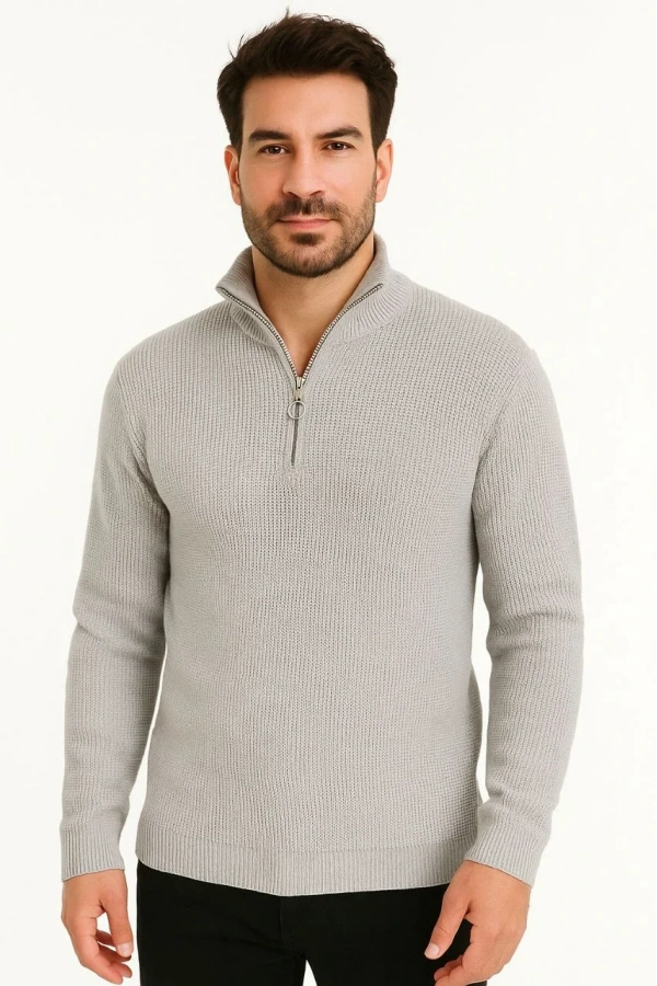 Erkek Yarım Fermuarlı Triko Kazak – Selanik Örgü, Dik Yaka, Pamuklu Dokuma, Regular Fit Uzun Kollu Kışlık Model - Gri