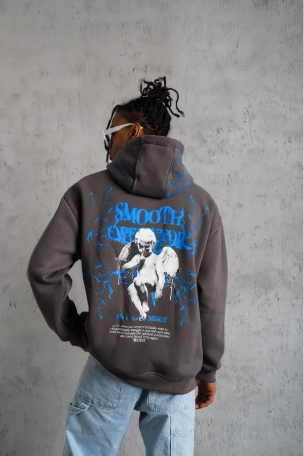 Erkek Yıldırım Baskılı Kapşonlu Sweatshirt - Gri