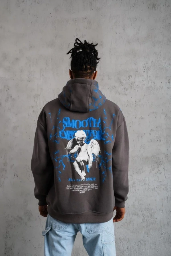 Erkek Yıldırım Baskılı Kapşonlu Sweatshirt - Gri