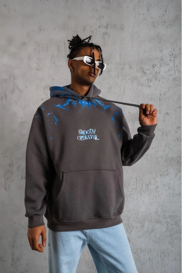 Erkek Yıldırım Baskılı Kapşonlu Sweatshirt - Gri