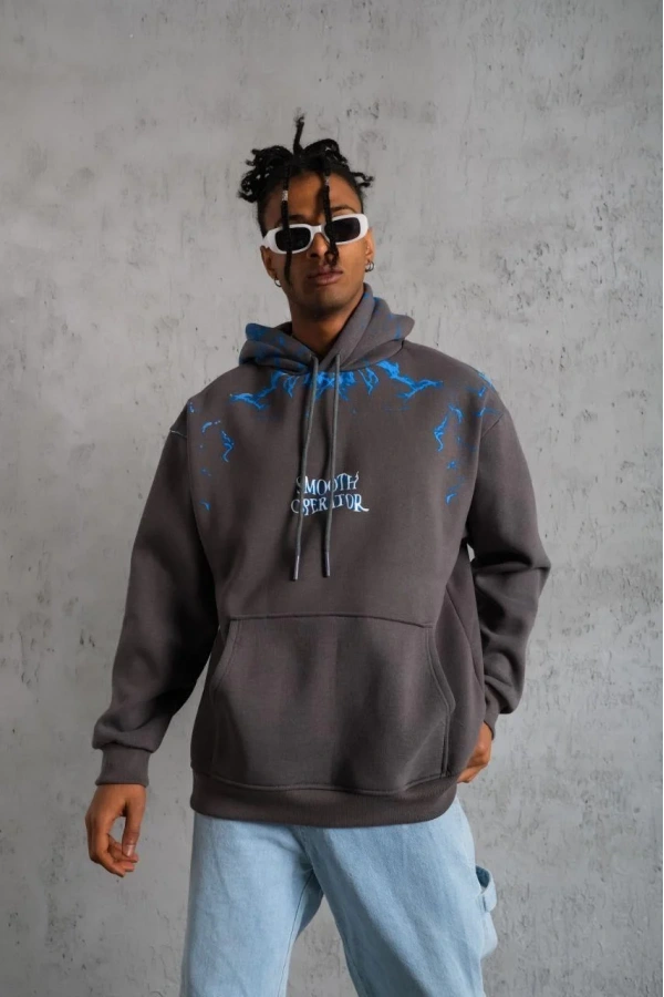 Erkek Yıldırım Baskılı Kapşonlu Sweatshirt - Gri