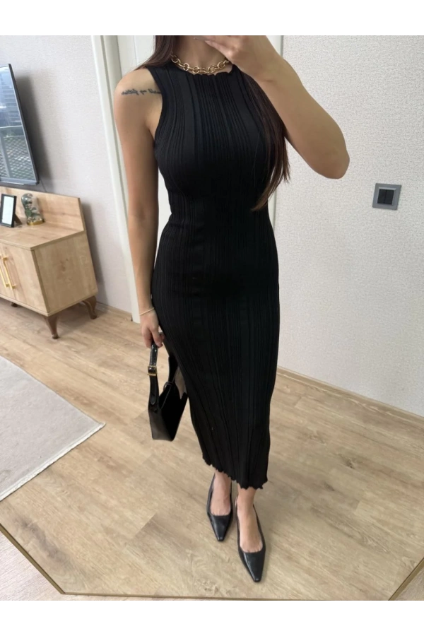 Fitilli Triko Elbise Kolsuz Sırtı Kapalı Maxi Uzun Boy - Siyah