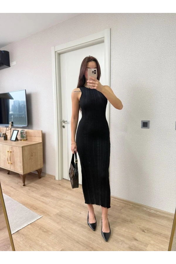 Fitilli Triko Elbise Kolsuz Sırtı Kapalı Maxi Uzun Boy - Siyah