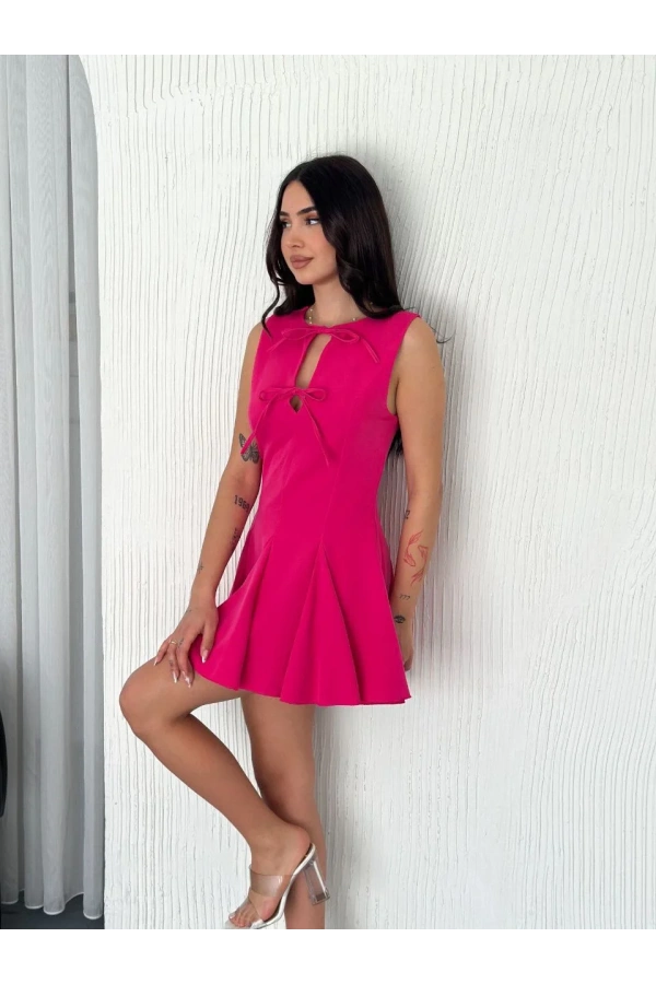Göğüs Bağlamalı Kolsuz Mini Boy Elbise - Pembe