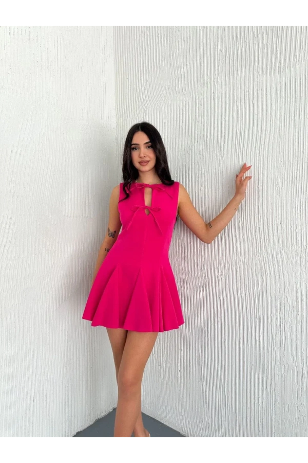 Göğüs Bağlamalı Kolsuz Mini Boy Elbise - Pembe