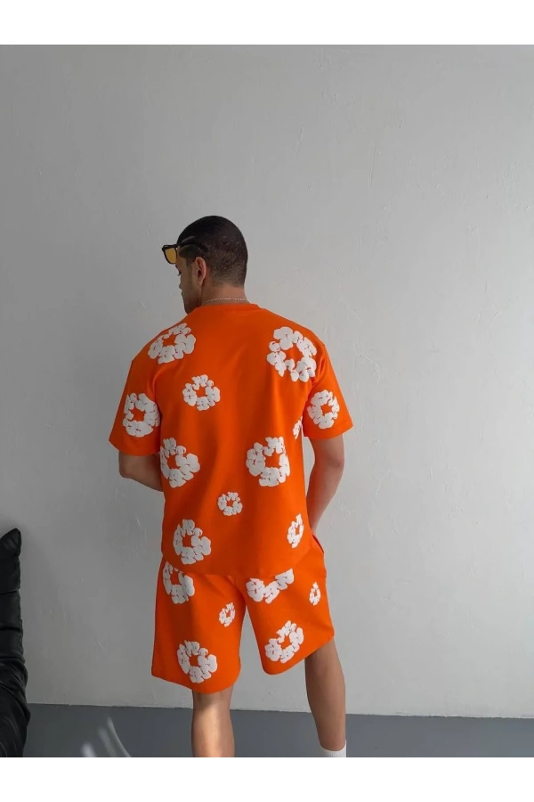 İki İplik Kumaş Baskılı T-shirt Şortlu Takım- Turuncu