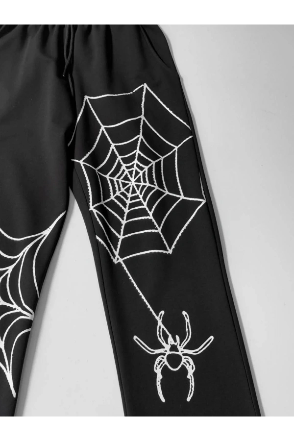 İki İplik Kumaş Örümcek Baskılı Esofman - Siyah