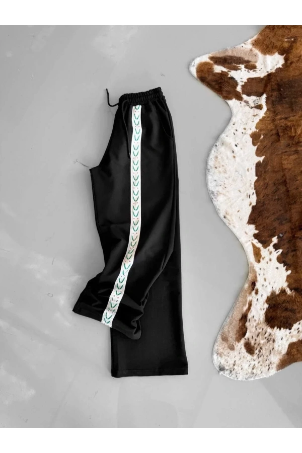 İki İplik Kumaş Şeritli Alt Esofman - Siyah