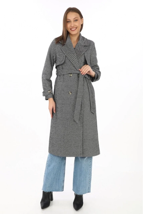 Kadın Balık Sırtı Kaşmir Uzun Kaşe Kaban - Füme