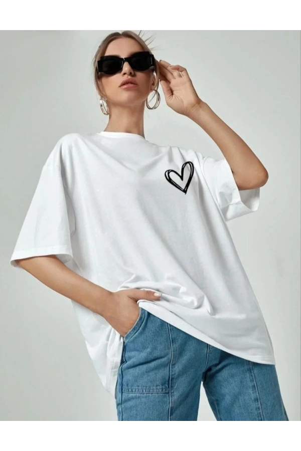 Kadın Bisiklet Yaka Baskılı Oversize T-Shirt - Beyaz