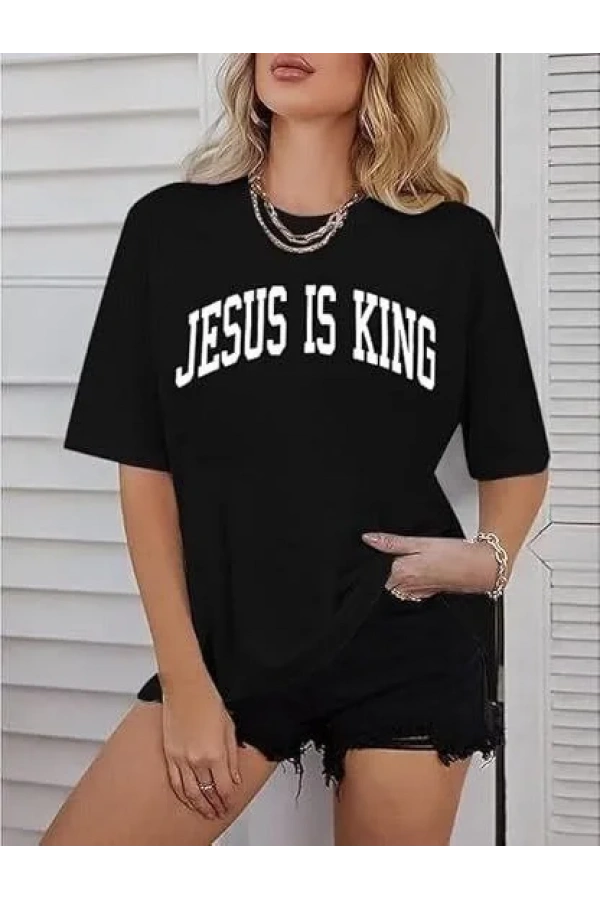 Kadın Bisiklet Yaka Kısa Kol Baskılı T-shirt - Siyah