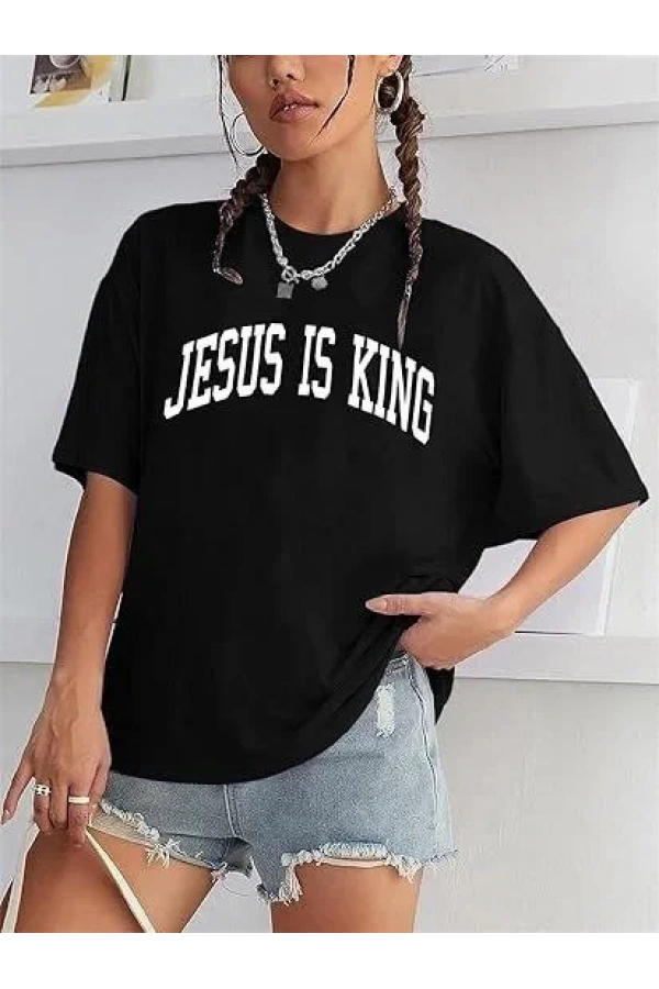 Kadın Bisiklet Yaka Kısa Kol Baskılı T-shirt - Siyah