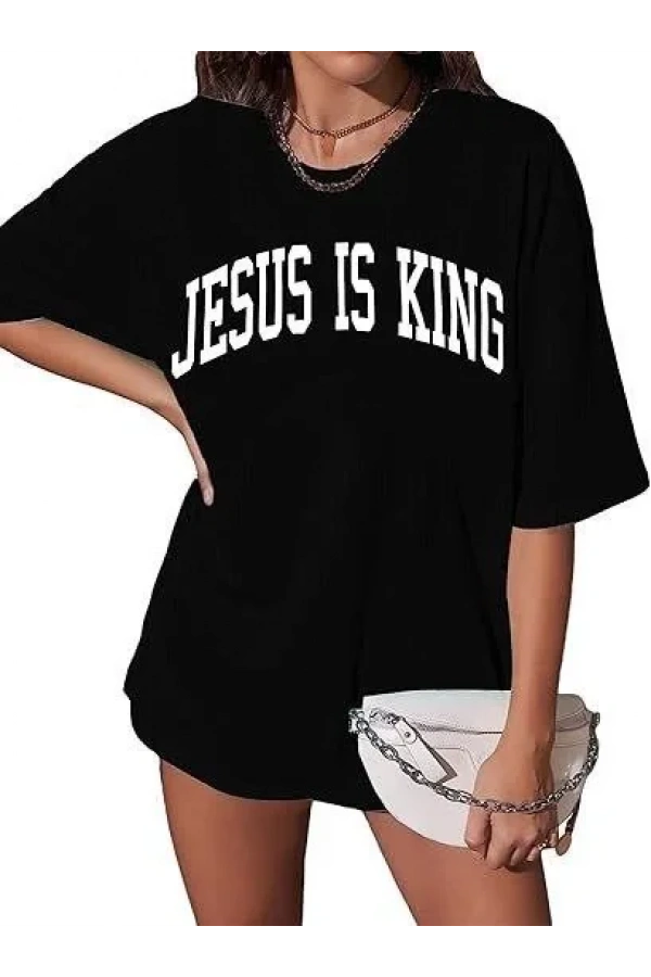 Kadın Bisiklet Yaka Kısa Kol Baskılı T-shirt - Siyah