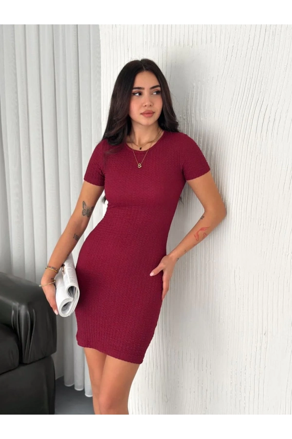 Kadın Bisiklet Yaka Kısa Kol Likralı Elbise - Bordo