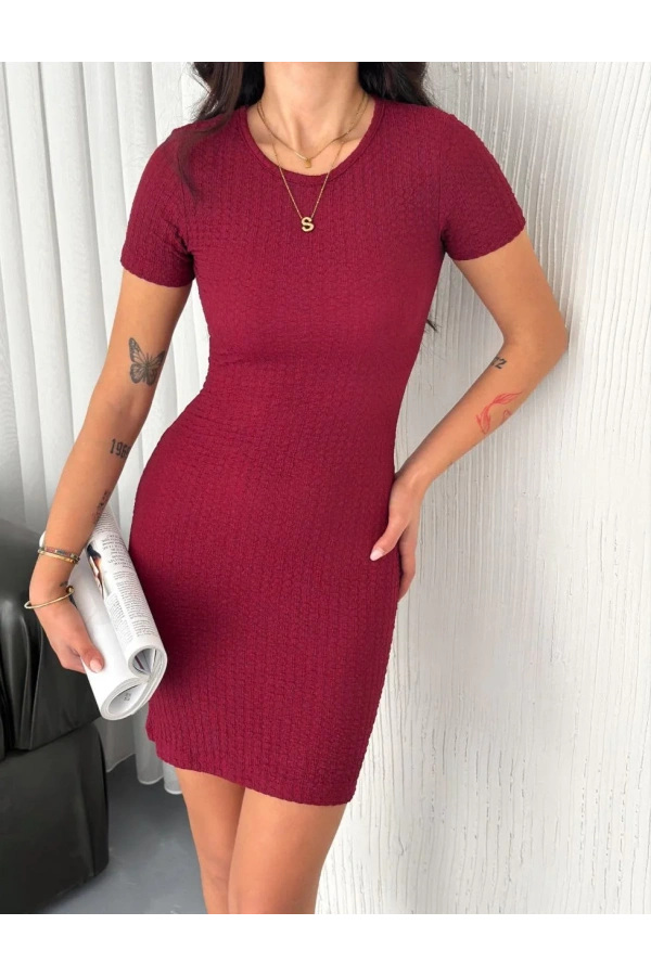 Kadın Bisiklet Yaka Kısa Kol Likralı Elbise - Bordo