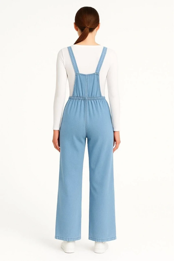 Kadın Chambray Açık Mavi Denim Görünümlü Geniş Paça Salopet Tulum - Mavi