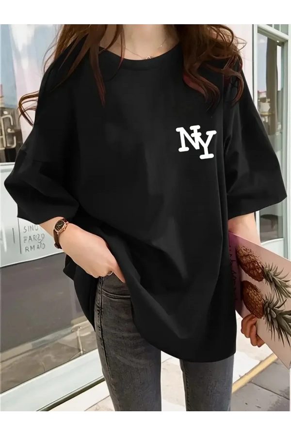 Kadın Eğlenceli Harf NY Baskılı Bisiklet Yaka Tişört - Rahat Polyester, Makinede Yıkanabilir - Yaz ve Fitness için Mükemmel, Yuvarlak Yaka - Siyah