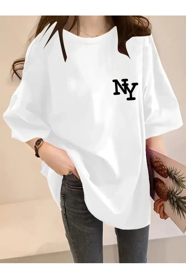 Kadın Eğlenceli Harf NY Baskılı Bisiklet Yaka Tişört - Rahat Polyester, Makinede Yıkanabilir - Yaz ve Fitness için Mükemmel, Yuvarlak Yaka- Beyaz