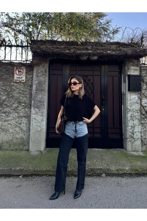 Kadın Jeans Kot Parçalı Palazzo Pantolon - Siyah