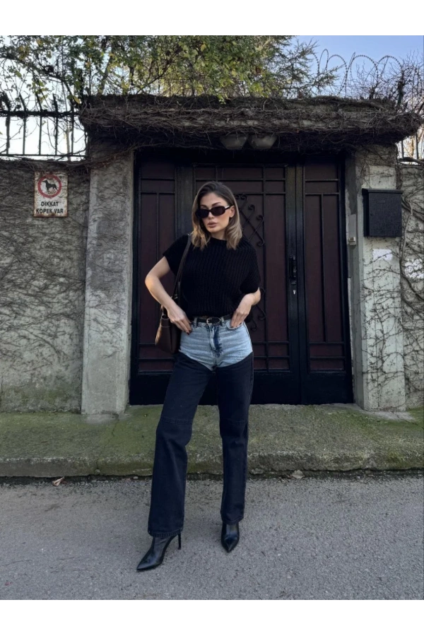 Kadın Jeans Kot Parçalı Palazzo Pantolon - Siyah