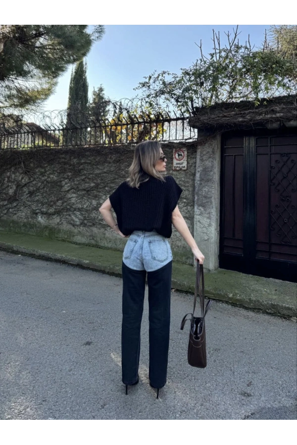 Kadın Jeans Kot Parçalı Palazzo Pantolon - Siyah