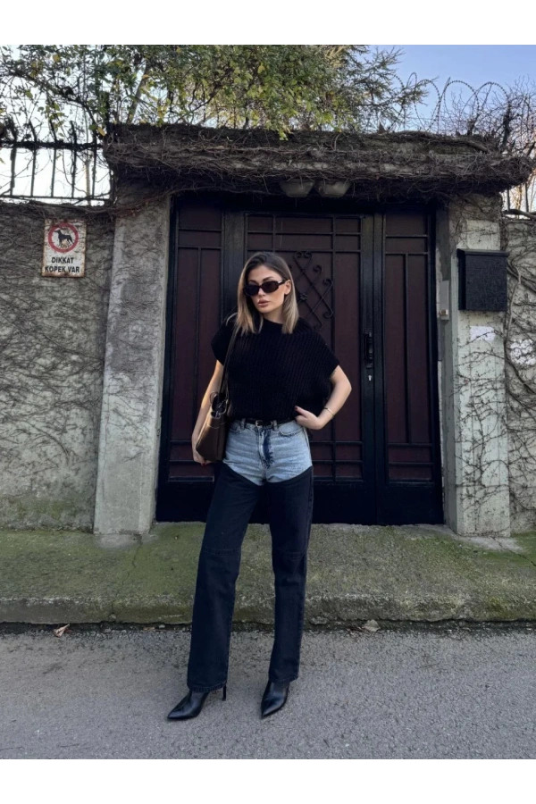 Kadın Jeans Kot Parçalı Palazzo Pantolon - Siyah