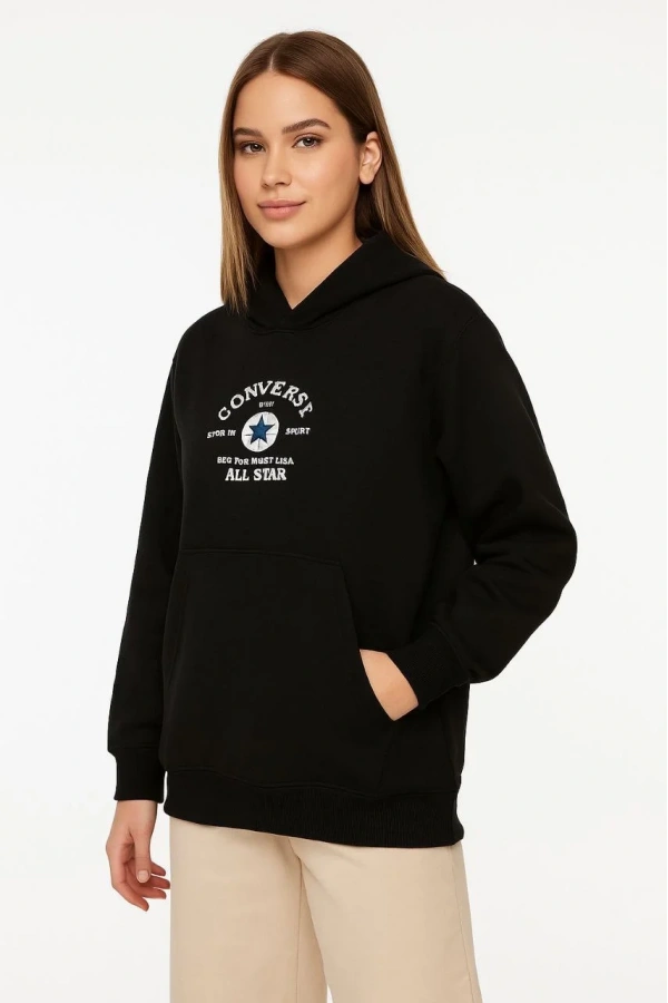 Kadın Kapşonlu Sweatshirt – Üç İplik Şardonlu Kumaş, Oversize Fit, Ön & Arka Baskılı, Kanguru Cepli, Kışlık Rahat Hoodie- Siyah