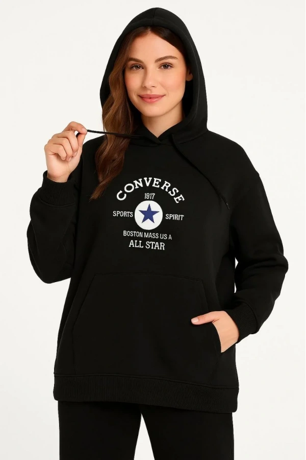 Kadın Kapşonlu Sweatshirt – Üç İplik Şardonlu Kumaş, Oversize Fit, Ön & Arka Baskılı, Kanguru Cepli, Kışlık Rahat Hoodie- Siyah