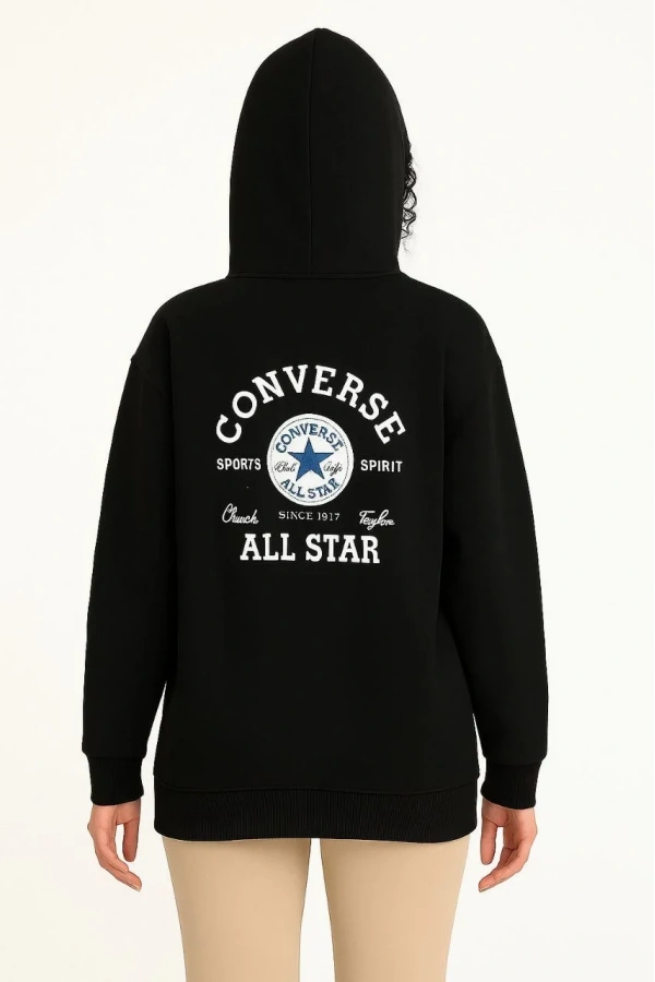 Kadın Kapşonlu Sweatshirt – Üç İplik Şardonlu Kumaş, Oversize Fit, Ön & Arka Baskılı, Kanguru Cepli, Kışlık Rahat Hoodie- Siyah