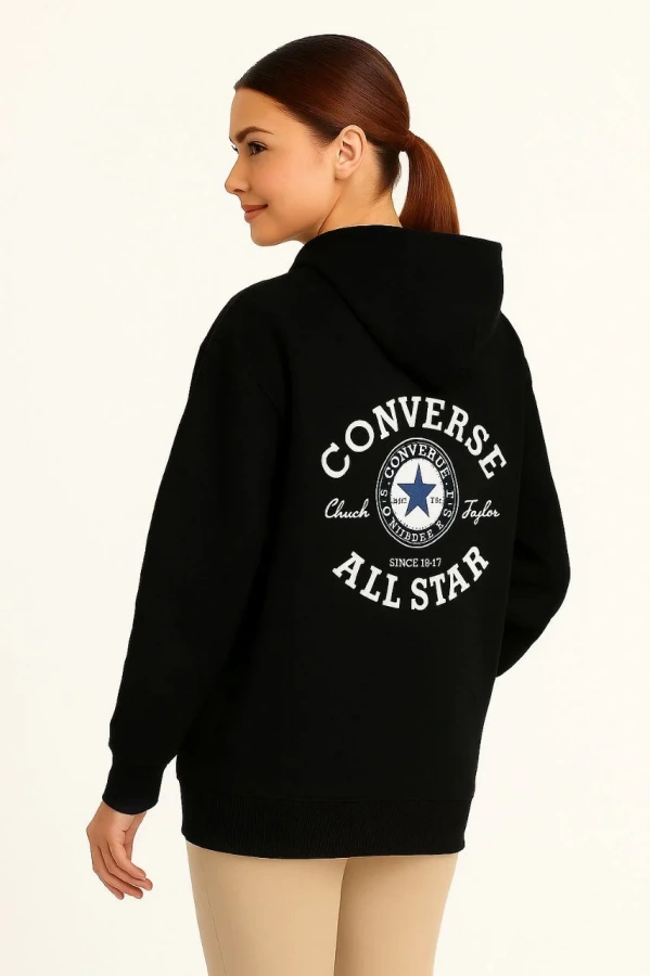 Kadın Kapşonlu Sweatshirt – Üç İplik Şardonlu Kumaş, Oversize Fit, Ön & Arka Baskılı, Kanguru Cepli, Kışlık Rahat Hoodie- Siyah