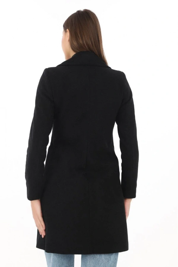 Kadın Kaşe Kaban – Siyah Yünlü Dokuma, Kruvaze Yaka, Astarlı, Cepli, Kuşaklı Uzun Boy Tesettür Uyumlu Kışlık Şık Kaban - Siyah