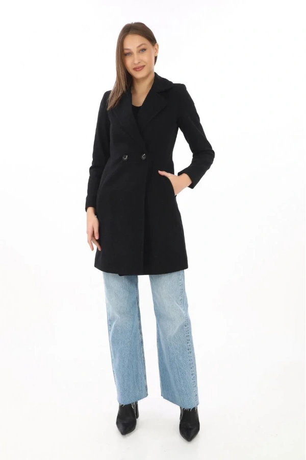 Kadın Kaşe Kaban – Siyah Yünlü Dokuma, Kruvaze Yaka, Astarlı, Cepli, Kuşaklı Uzun Boy Tesettür Uyumlu Kışlık Şık Kaban - Siyah