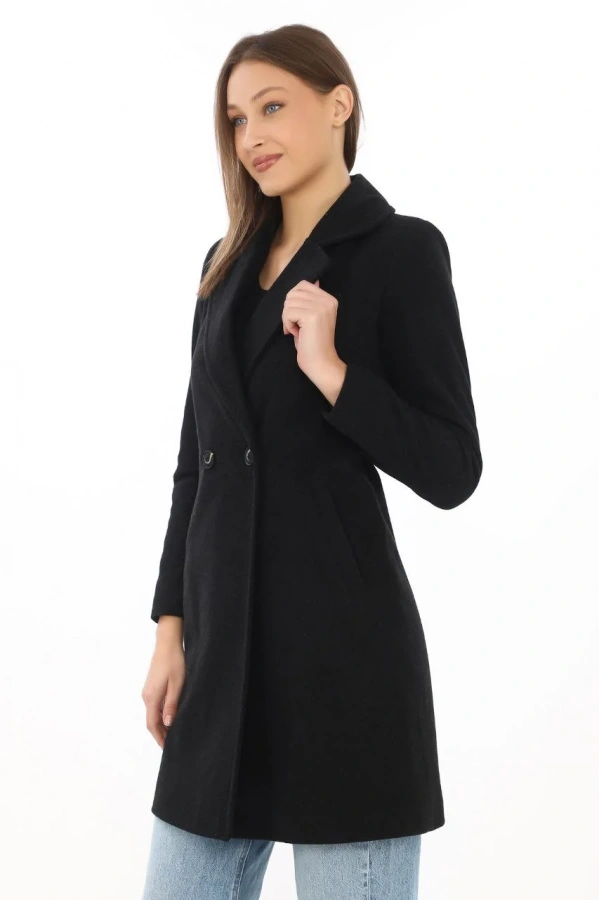 Kadın Kaşe Kaban – Siyah Yünlü Dokuma, Kruvaze Yaka, Astarlı, Cepli, Kuşaklı Uzun Boy Tesettür Uyumlu Kışlık Şık Kaban - Siyah