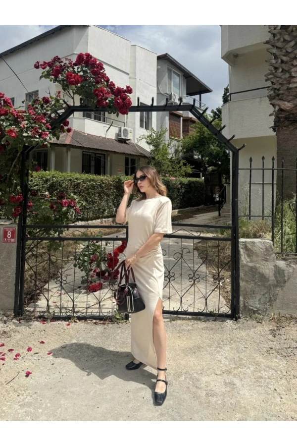 Kadın Kısa Kollu Uzun Yandan Yırtmaçlı Elbise - Bej