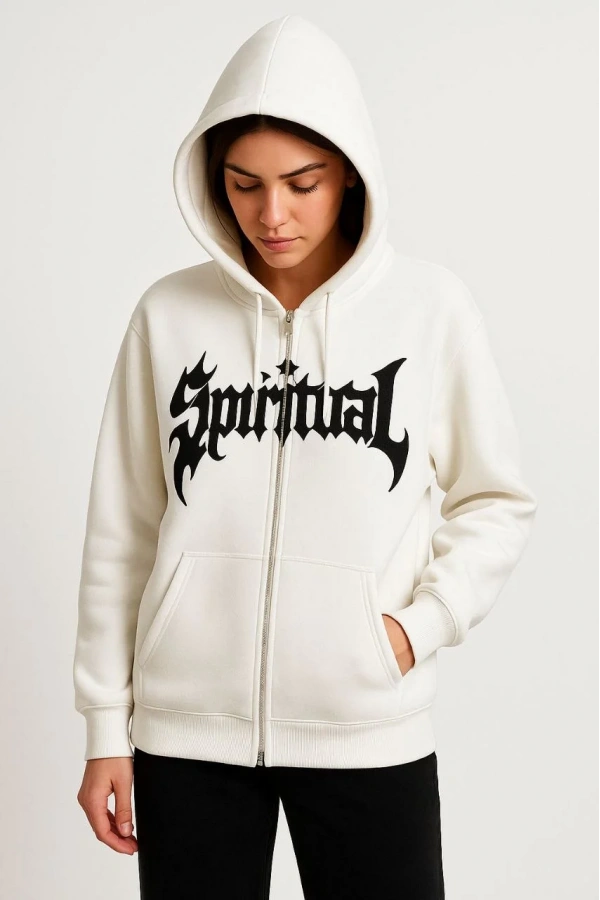 Kadın Kapüşonlu 3 İplik Şardonlu Önü Baskılı Fermuarlı Oversize Sweatshirt - Beyaz