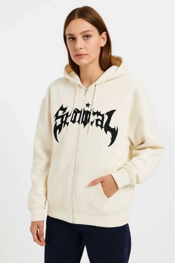 Kadın Kapüşonlu 3 İplik Şardonlu Önü Baskılı Fermuarlı Oversize Sweatshirt - Beyaz