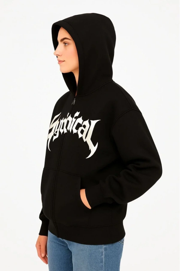 Kadın Kapüşonlu 3 İplik Şardonlu Önü Baskılı Fermuarlı Oversize Sweatshirt - Siyah