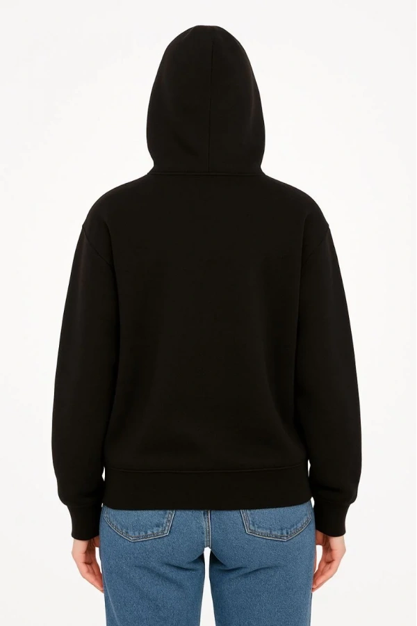 Kadın Kapüşonlu 3 İplik Şardonlu Önü Baskılı Fermuarlı Oversize Sweatshirt - Siyah