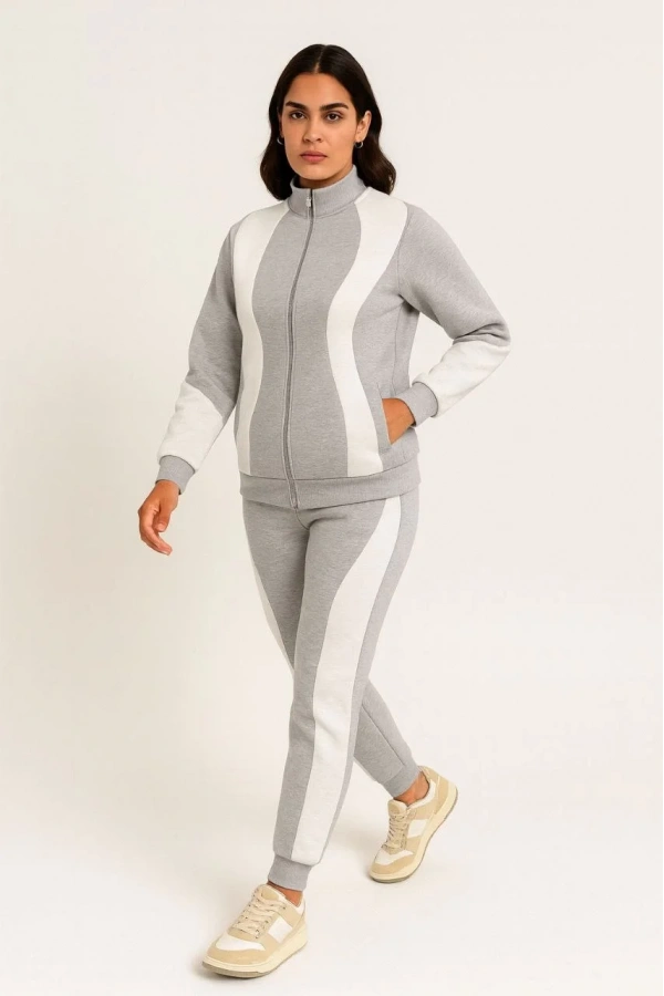Kadın Premium Parçalı Eşofman Takım - Dik Yaka Fermuarlı Sweatshirt - Gri
