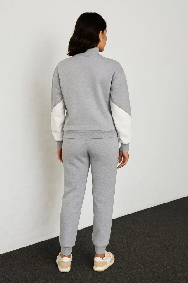 Kadın Premium Parçalı Eşofman Takım - Dik Yaka Fermuarlı Sweatshirt - Gri
