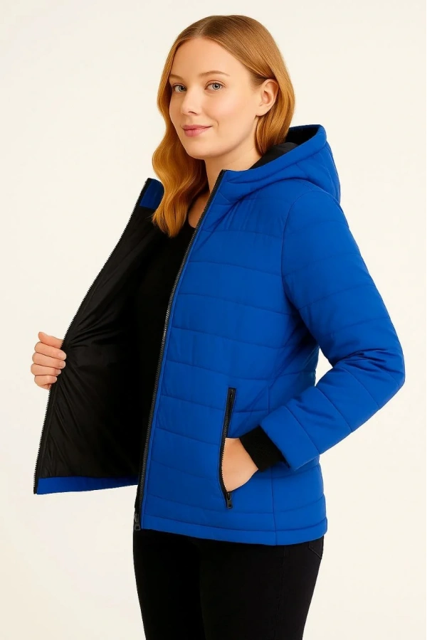 Kadın Şişme Kapüşonlu Fermuarlı Mont Su itici Kapitone Astarlı Kumaş Cepli Kışlık Rahat Kalıp  - Saks Mavisi