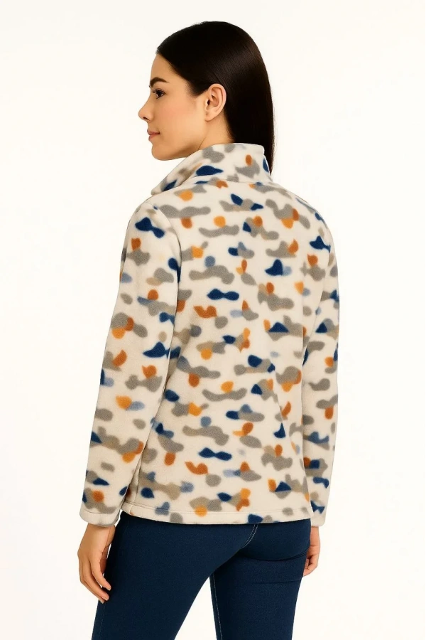 Kadın Tam Fermuarlı Desenli Polar Sweat – Siyah Multicolor Figür Desen Yakalı, Uzun Kollu, Oversize Rahat Kalıp - Beyaz