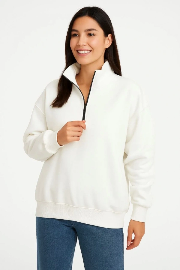 Kadın Üç İplik Dık Yaka Yarım Fermuarlı SweatShirt - Beyaz