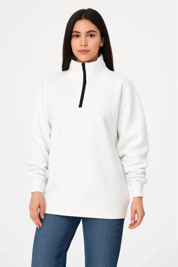 Kadın Üç İplik Dık Yaka Yarım Fermuarlı SweatShirt - Beyaz